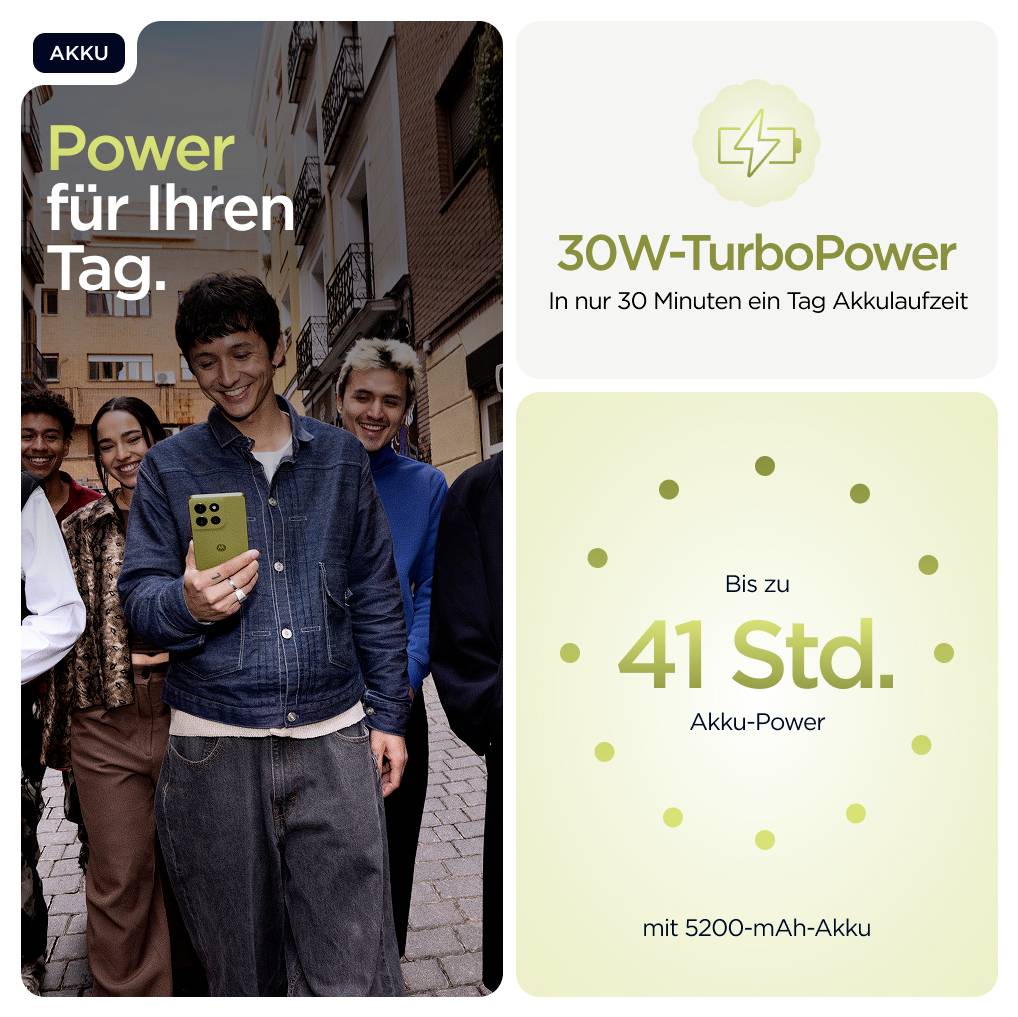 Eine Gruppe lächelnder Menschen im Freien, zentriert hält jemand ein Smartphone. Text: 'Power für Ihren Tag', '30W-TurboPower', 'Bis zu 41 Std. Akku-Power'.
