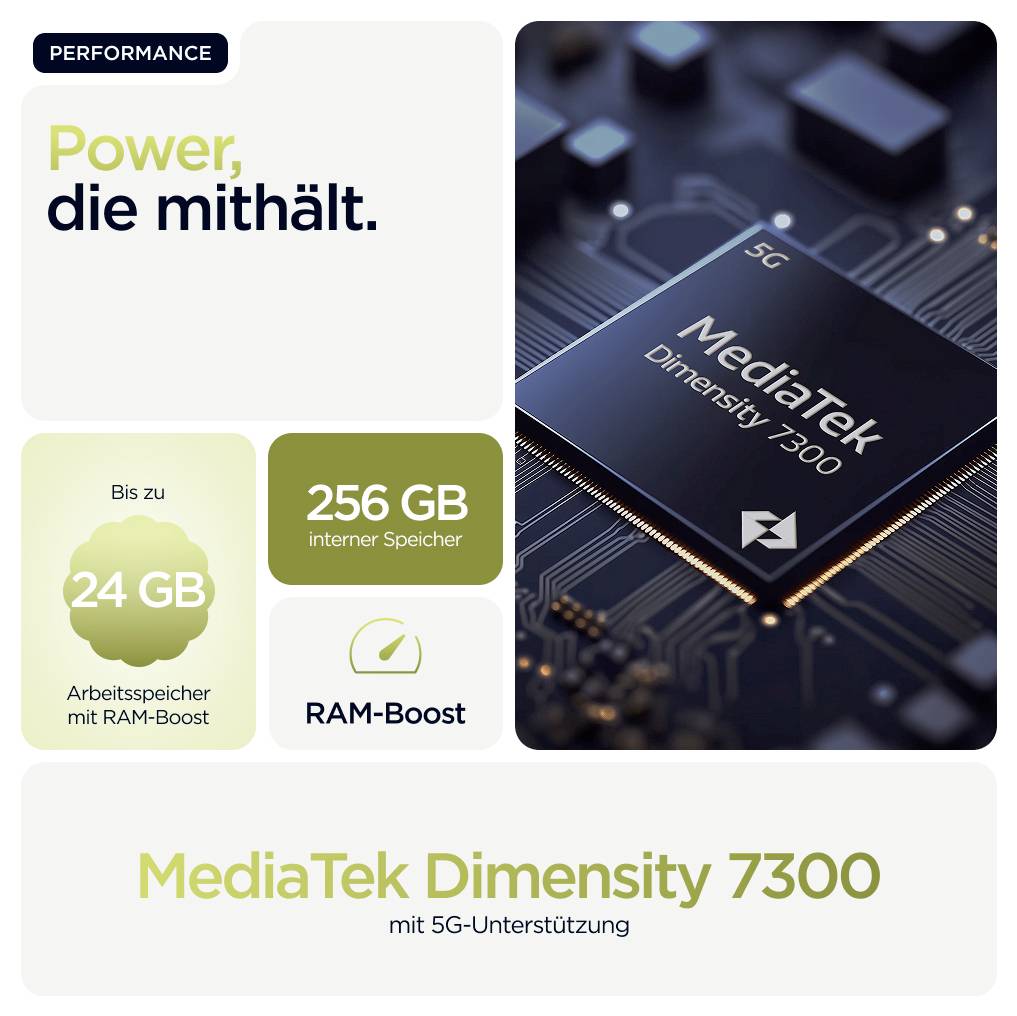 'Power, die mithält.' Text neben Bild eines MediaTek Dimensity 7300 Chips. Kurzinfo: Bis zu 24 GB Arbeitsspeicher mit RAM-Boost, 256 GB interner Speicher, 5G-Unterstützung.