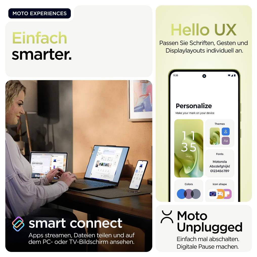 'Frau arbeitet an Laptop mit zweiten Bildschirm. 'Hello UX' und 'Moto Unplugged' Funktionen gezeigt. Smarte Vernetzung betont.'