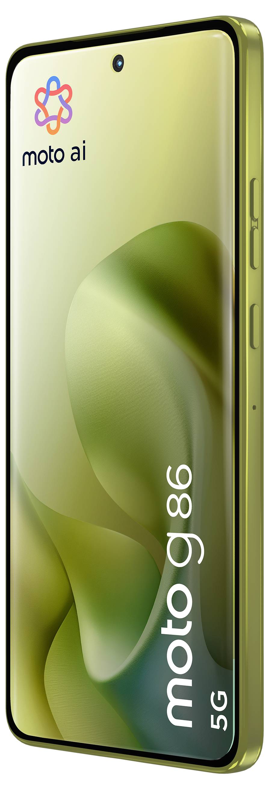 Smartphone mit „moto g86 5G"-Branding, mit elegantem Design, grün-goldener Farbschema und „moto ai"-Logo oben links.