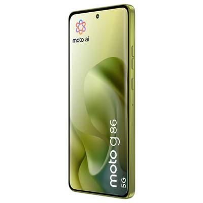 Smartphone mit „moto g86 5G"-Branding, mit elegantem Design, grün-goldener Farbschema und „moto ai"-Logo oben links.