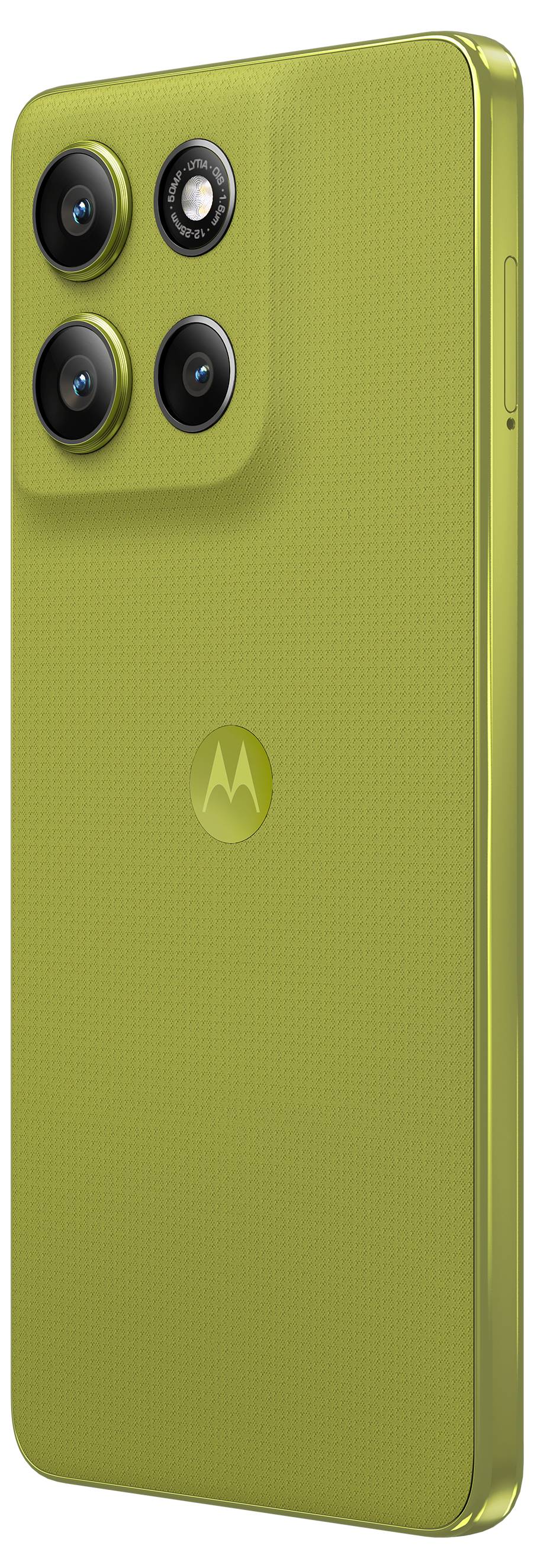 Grünes Motorola Moto G86 Telefon mit 5G-Funktionalität, mit elegantem Design und "moto ai" Logo oben links auf dem Bildschirm.