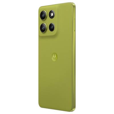 Grünes Motorola Moto G86 Telefon mit 5G-Funktionalität, mit elegantem Design und "moto ai" Logo oben links auf dem Bildschirm.