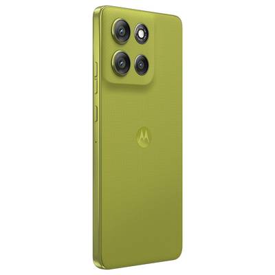 Ein grünes faltbares Smartphone, das teilweise offen ist und zwei externe Kameras sowie ein dekoratives abstraktes Design mit einem Logo auf der Vorderseite zeigt.