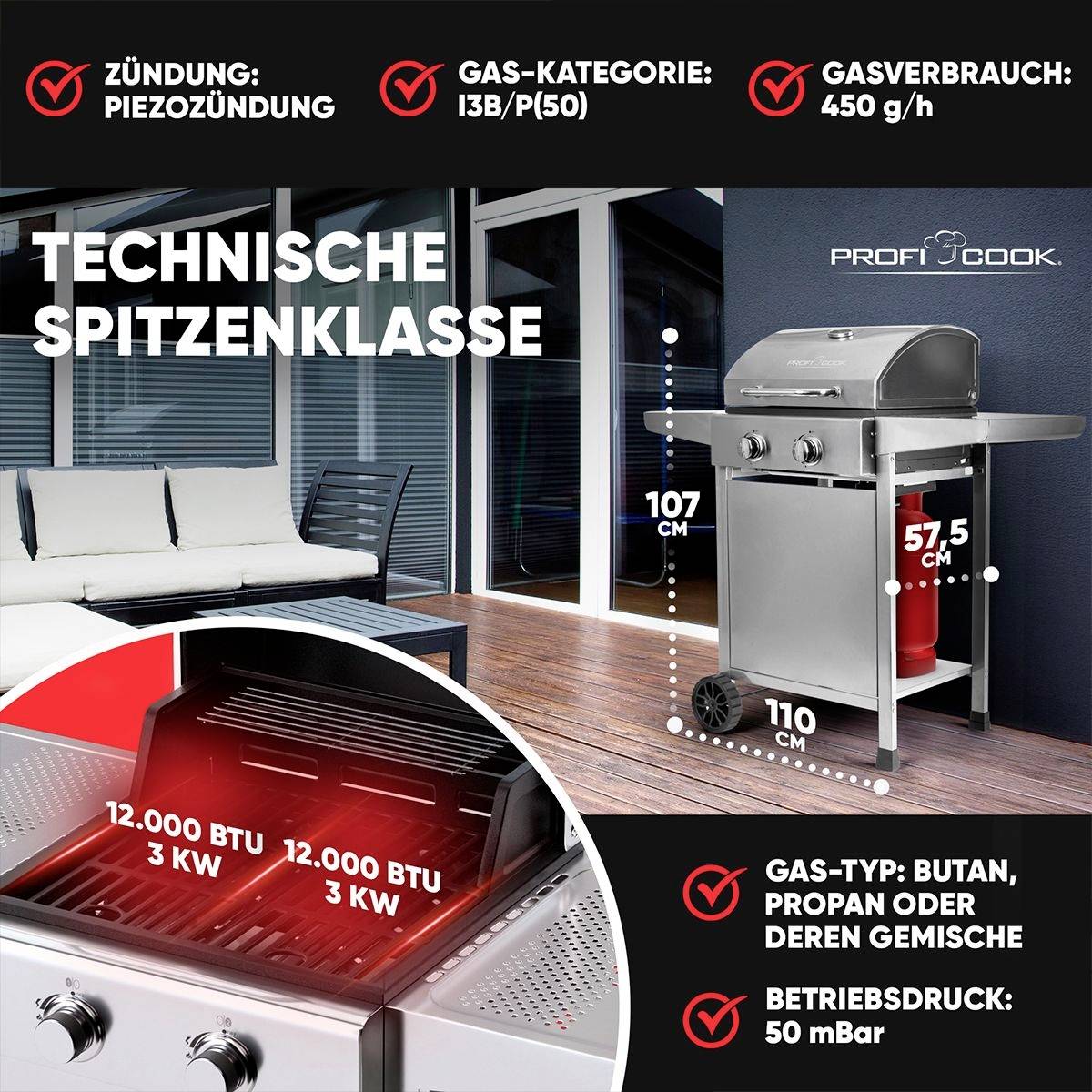 Profi Cook PC-GG 1309 Gas Gas-Grill 2 Brenner Silber-6