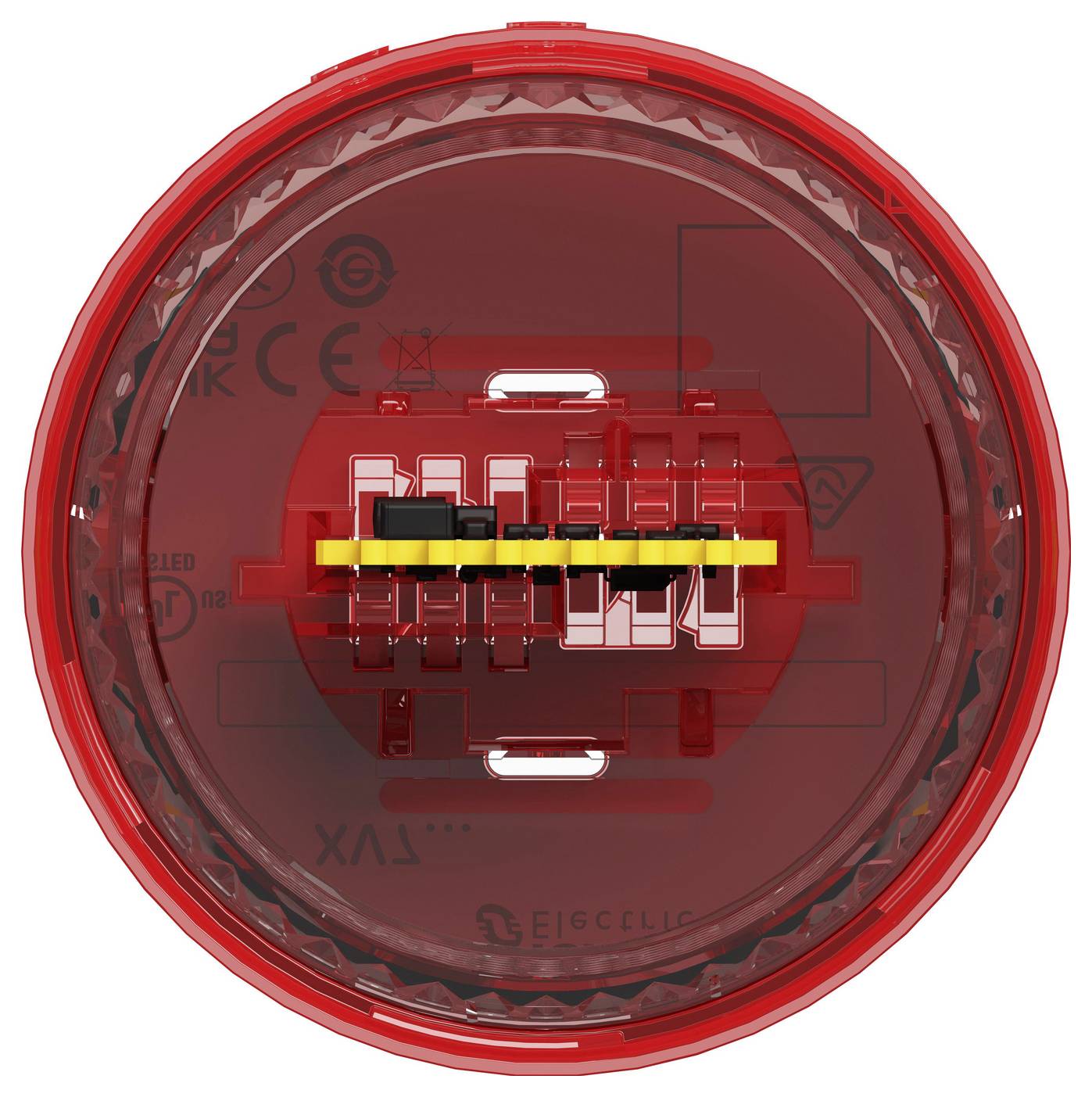 Rotes kreisförmiges elektronisches Gerät von oben betrachtet, das einen zentralen gelb-schwarzen Stecker oder Anschluss in einem durchsichtigen roten Gehäuse zeigt.