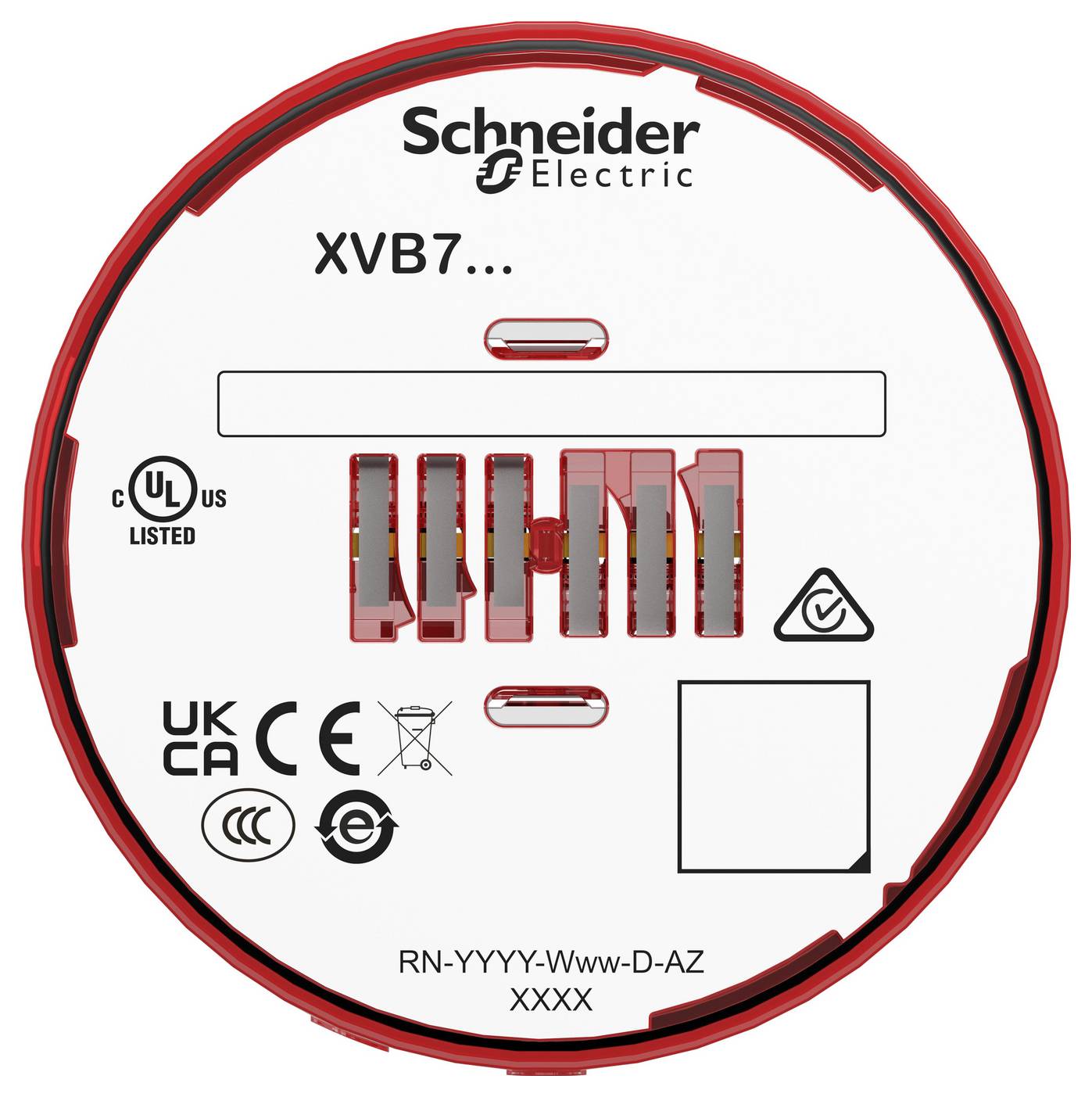 Schneider Electric XVB7 Rundes Produktetikett mit Konformitätszeichen, Modellcode RN-YYYY-Www-D-AZ und einem leeren quadratischen Feld.