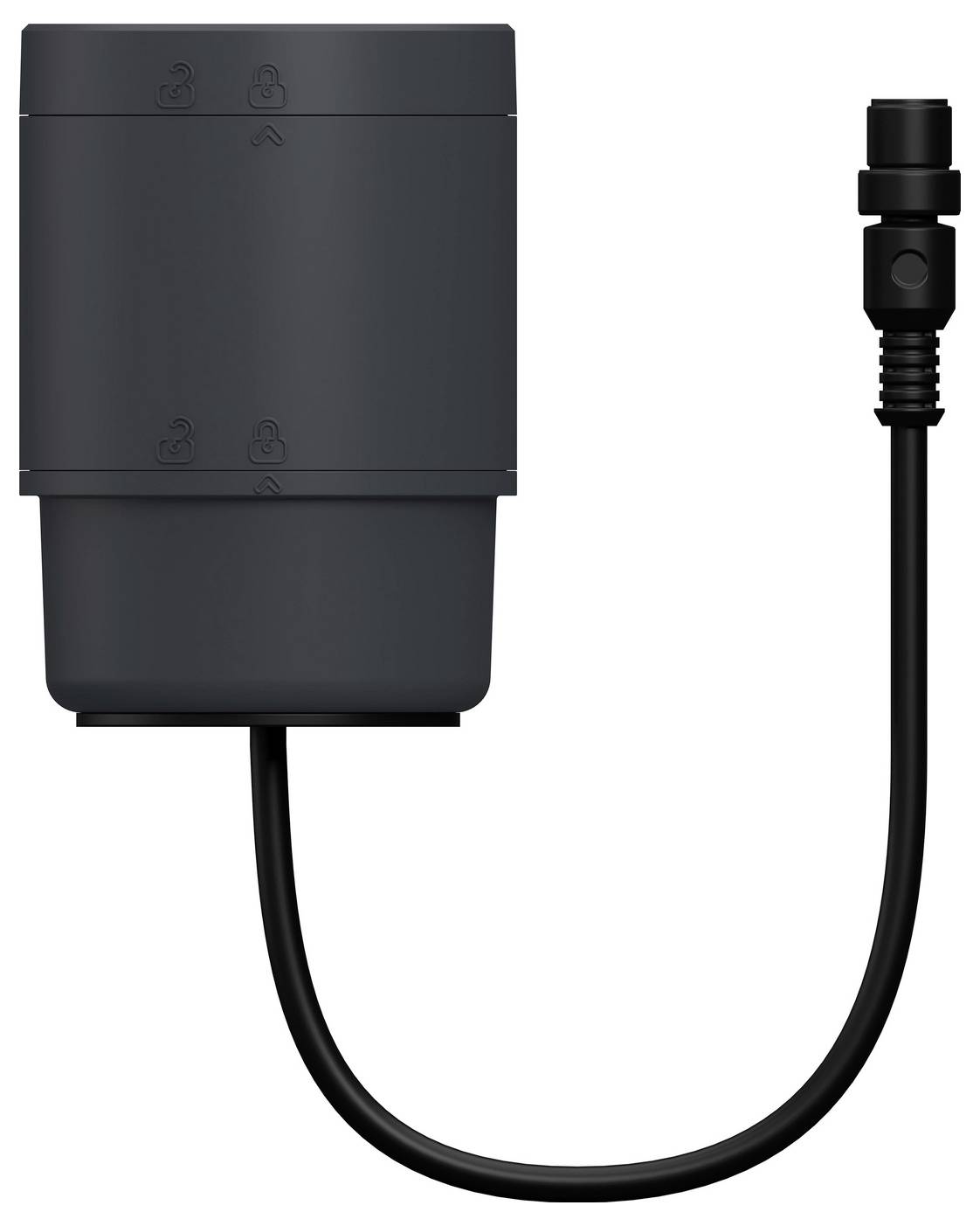 Schwarzes rechteckiges elektronisches Modul mit einem kurzen Kabel, das in einem zylindrischen Stecker endet, auf weißem Hintergrund dargestellt.