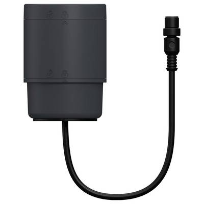 Schwarzes rechteckiges elektronisches Modul mit einem kurzen Kabel, das in einem zylindrischen Stecker endet, auf weißem Hintergrund dargestellt.