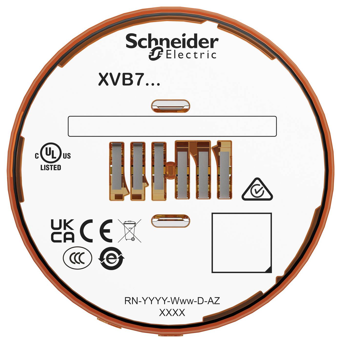 Schneider Electric rundes elektrisches Komponenten-Etikett mit der Bezeichnung "XVB7...", mit Zertifizierungssymbolen und Modellcode "RN-YYYY-Www-D-AZ XXXX".