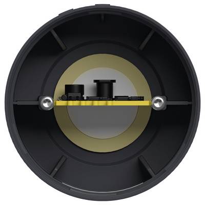 Kreisförmiges mechanisches Gehäuse mit einer zentralen gelben Leiterplatte und zwei Schrauben, dargestellt im Querschnitt vor grauem Hintergrund.