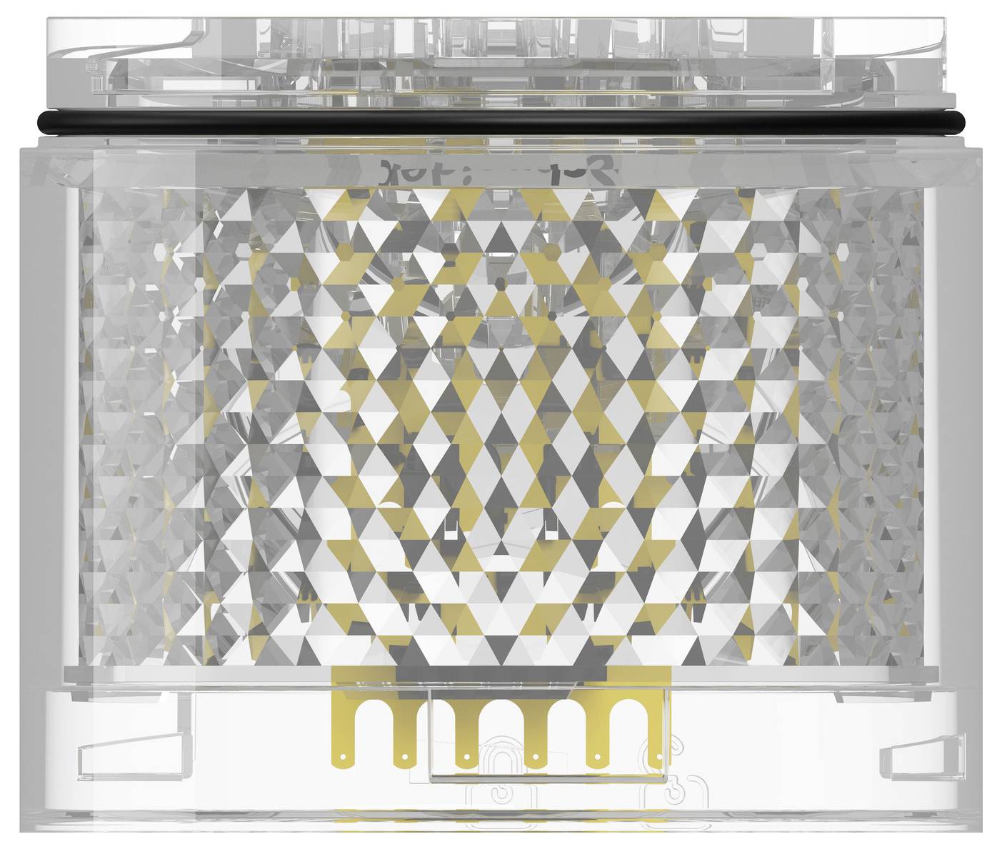 Nahaufnahme einer transparenten elektronischen Komponente oder eines Gerätemoduls mit einer geometrischen Oberflächenstruktur in Dreieckmuster und goldenem Stecker am unteren Ende.