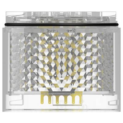 Nahaufnahme einer transparenten elektronischen Komponente oder eines Gerätemoduls mit einer geometrischen Oberflächenstruktur in Dreieckmuster und goldenem Stecker am unteren Ende.