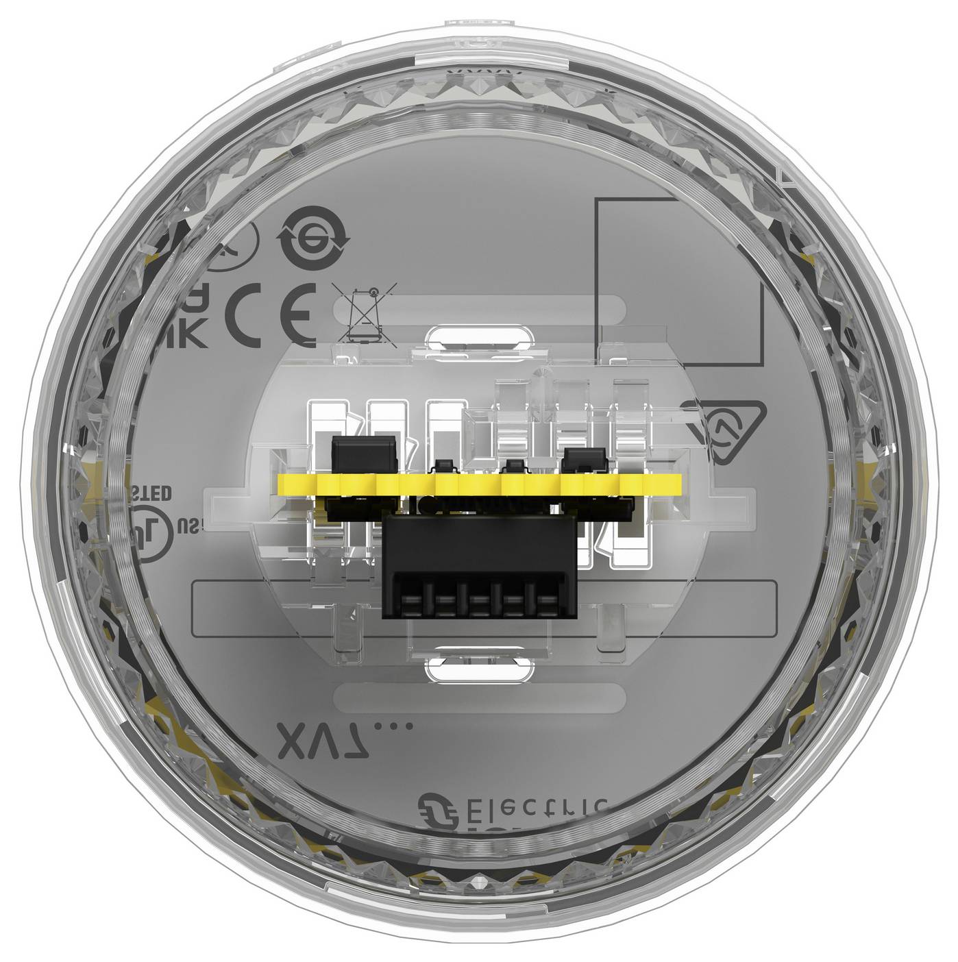 Nahaufnahme eines runden elektronischen Steckverbindermoduls mit einem schwarzen Anschluss und einem gelben Kontaktstreifen, zentriert in einem transparenten kreisförmigen Gehäuse.