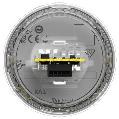 Nahaufnahme eines runden elektronischen Steckverbindermoduls mit einem schwarzen Anschluss und einem gelben Kontaktstreifen, zentriert in einem transparenten kreisförmigen Gehäuse.
