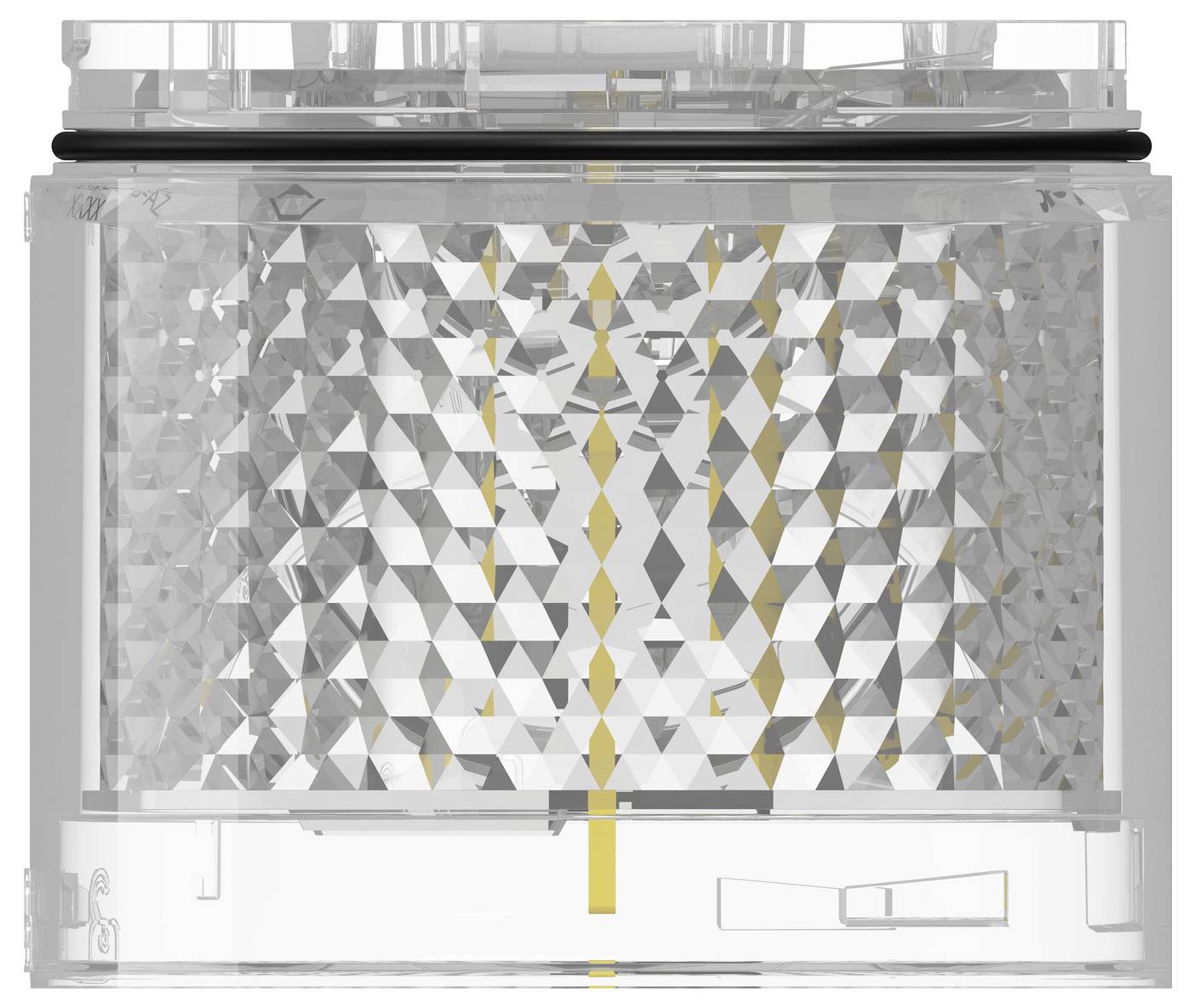 Transparente zylindrische mechanische Vorrichtung mit einer strukturierten silbernen Innenseite und einem zentralen vertikalen gelben Element in einem durchsichtigen äußeren Gehäuse.