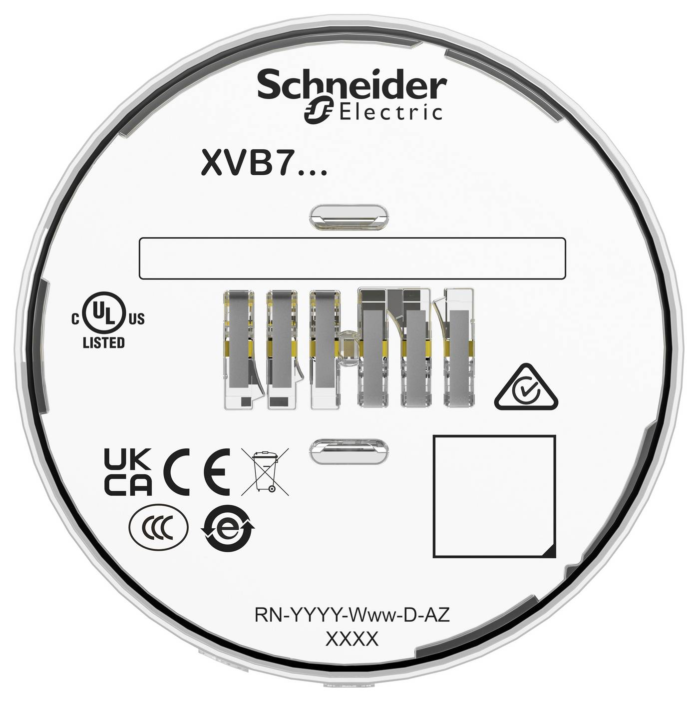 Schneider Electric rundes Produktetikett für XVB7-Geräte, das Zertifizierungszeichen, Terminaldarstellungen und Modellcode „RN-YYYY-Www-D-AZ XXXX" zeigt.