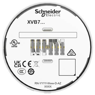 Schneider Electric rundes Produktetikett für XVB7-Geräte, das Zertifizierungszeichen, Terminaldarstellungen und Modellcode „RN-YYYY-Www-D-AZ XXXX" zeigt.
