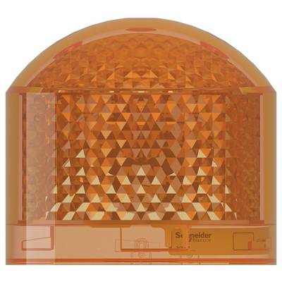 Orange durchscheinende Kuppel-Signalleuchte mit facettiertem Reflektor und Schneider Electric-Etikett auf der Basis.