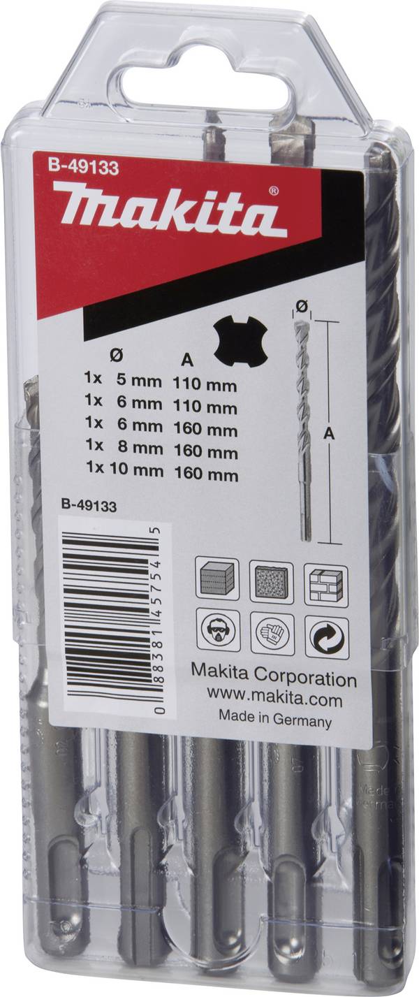 Makita B-49133 Hartmetall Stein-Spiralbohrer-Set 5 mm, 6 mm, 8 mm, 10 mm SDS-Plus 1 Set
