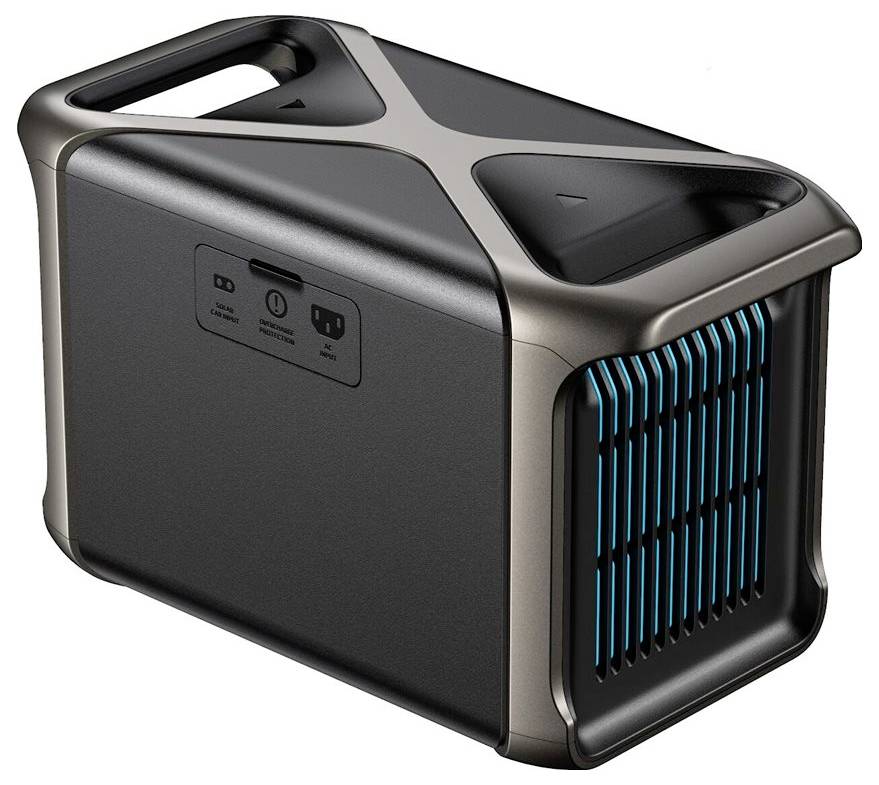 Ein kompakter, schwarzer und silberner mobiler Klimagerät mit modernem Design. Das Gerät verfügt über Lüftungsöffnungen für den Luftstrom und ein Bedienfeld.