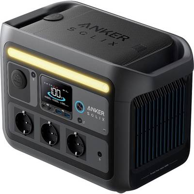 Tragbare Powerstation mit digitaler Anzeige, drei Steckdosen und USB-Anschlüssen, der Marke 'Anker Solix', entwickelt zum Aufladen mehrerer Geräte.