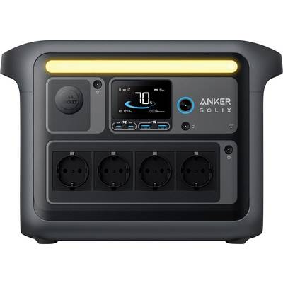Eine mobile Powerstation mit digitalem Display, das Symbole und Zahlen zeigt. Sie verfügt über vier Steckdosen, einen kreisförmigen Drehknopf und die Markenbeschriftung ‚Anker Solix'.