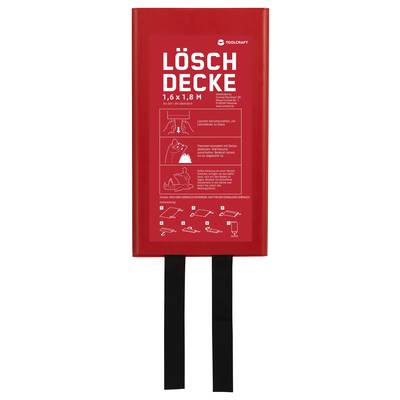Ein rotes Feuerlöschdeckenpaket mit der Beschriftung "Löschdecke 1.6 x 1.8 M" enthält Illustrationen und Gebrauchsanweisungen für Brandfälle.
