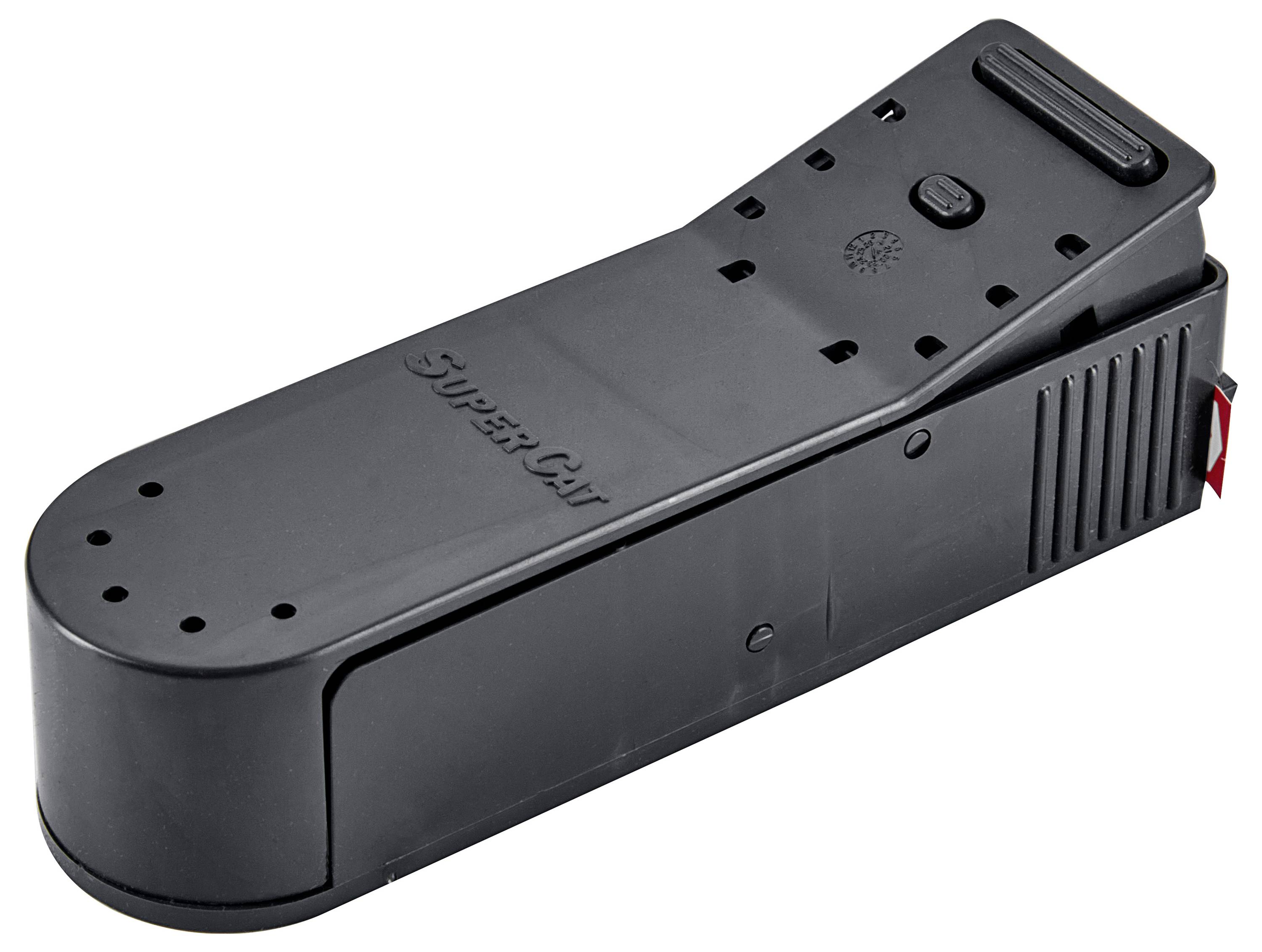 Eine schwarze, rechteckige Mausefalle mit einem erhöhten Bereich und dem Markennamen „SuperCat" auf der Seite.