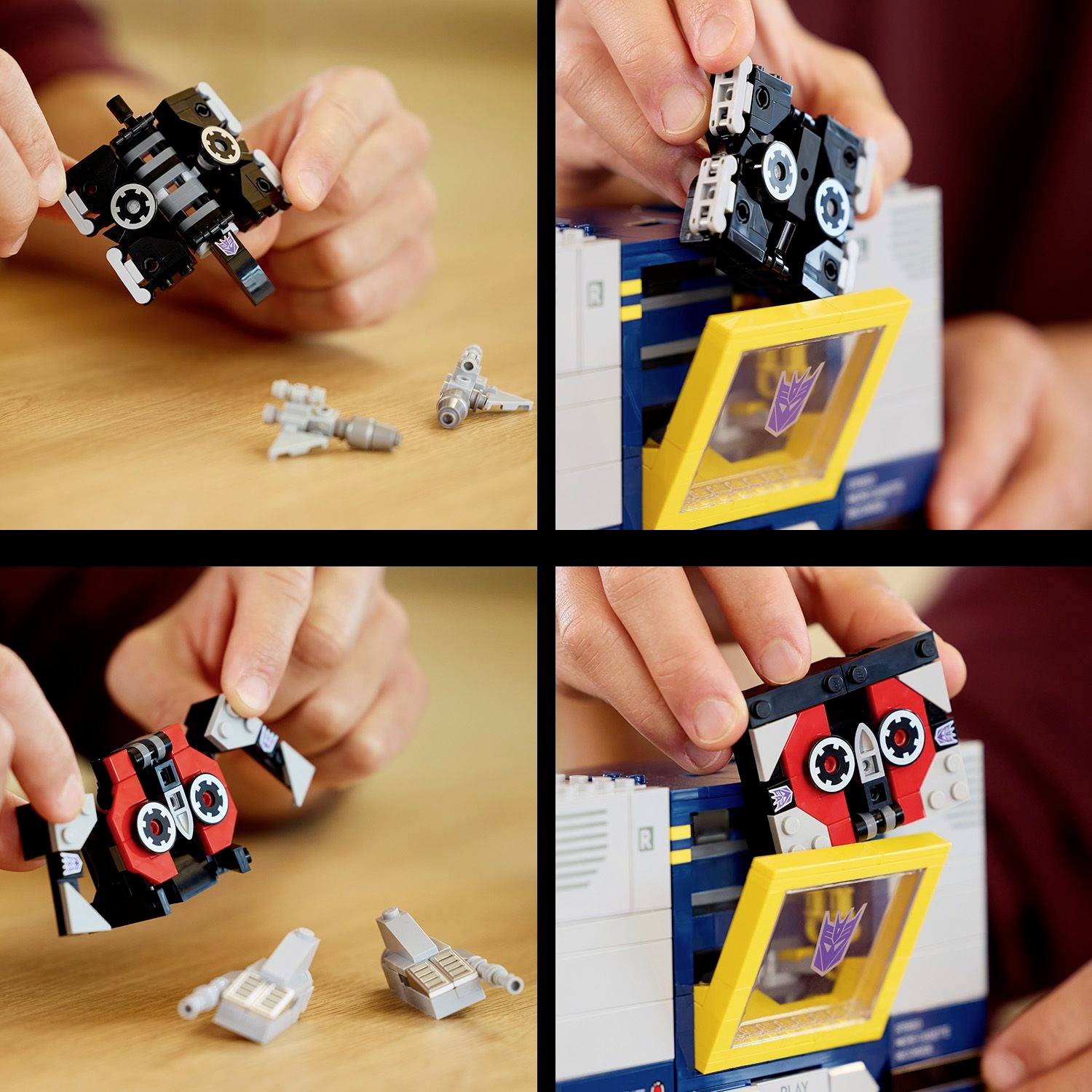 Eine Person montiert einen Spielzeugroboter aus ineinandergreifenden Bausteinen und zeigt verschiedene Stadien des Aufbaus mit unterschiedlichen kleinen Teilen.