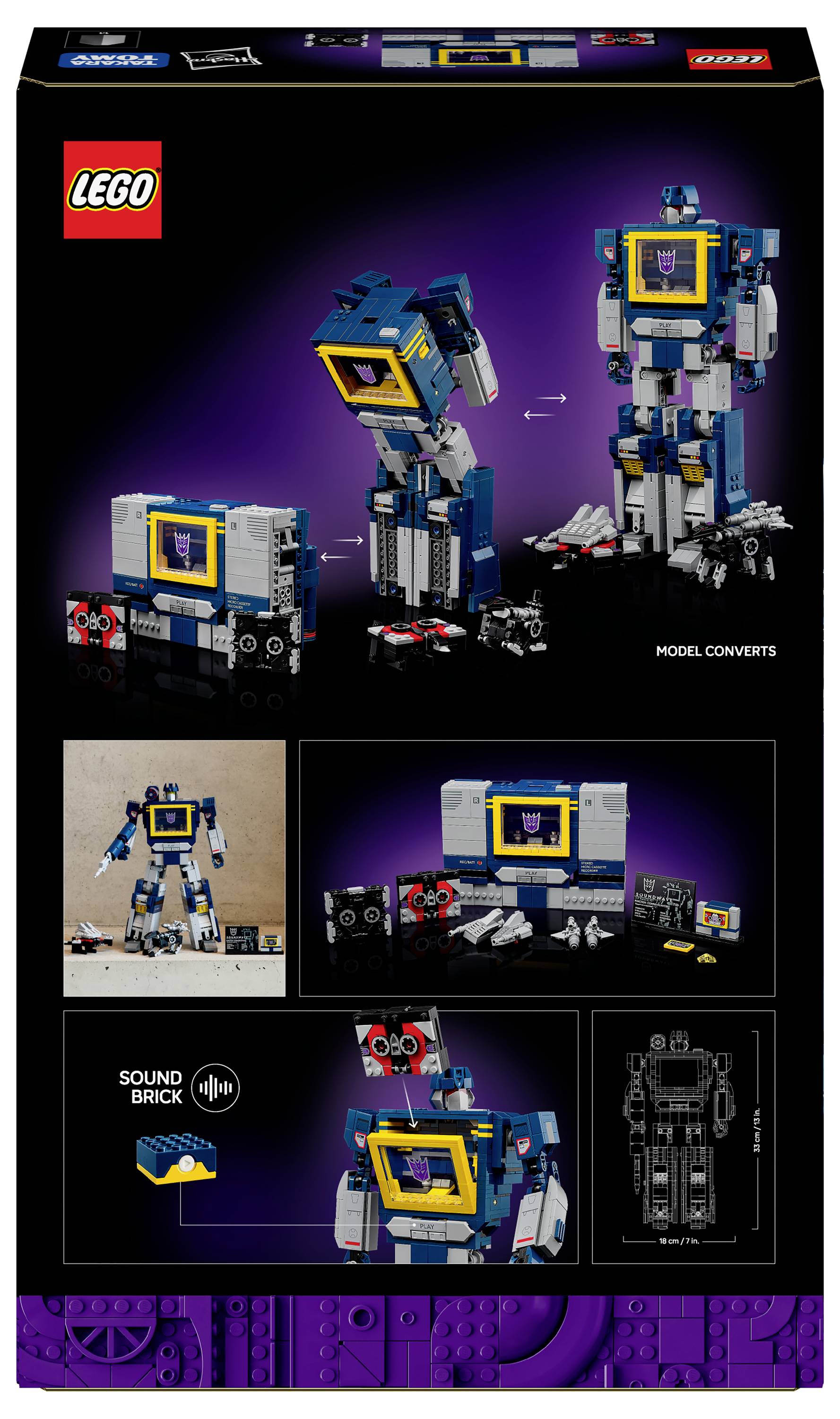 LEGO-Box mit einer Actionfigur, die sich in einen Kassettenrekorder verwandelt, mit Illustrationen der Transformationsschritte und Montagedetails.
