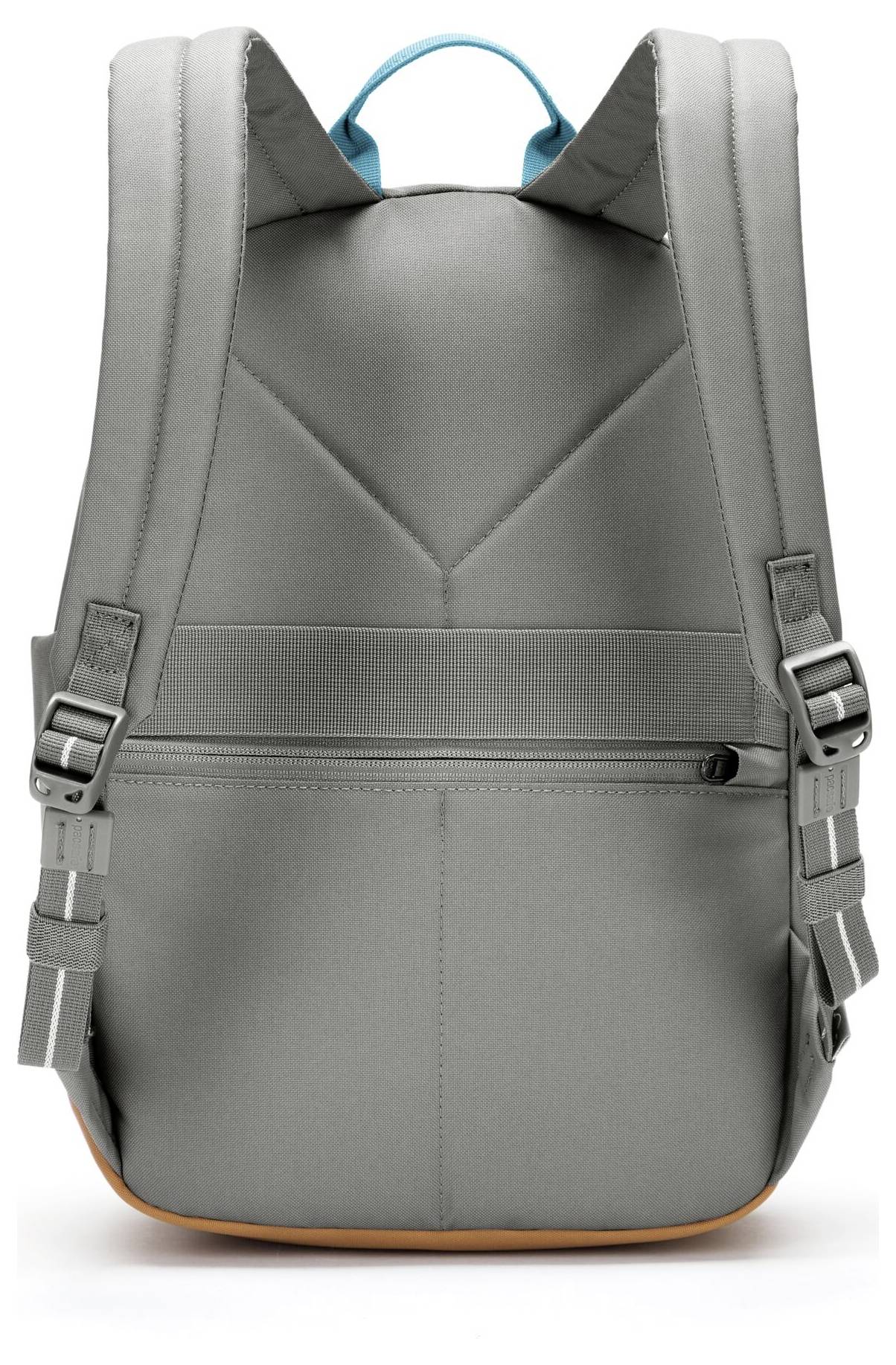 Ein grauer Rucksack mit einer Reißverschlusstasche vorne, verstellbaren Trägern und einem blauen Griff oben.