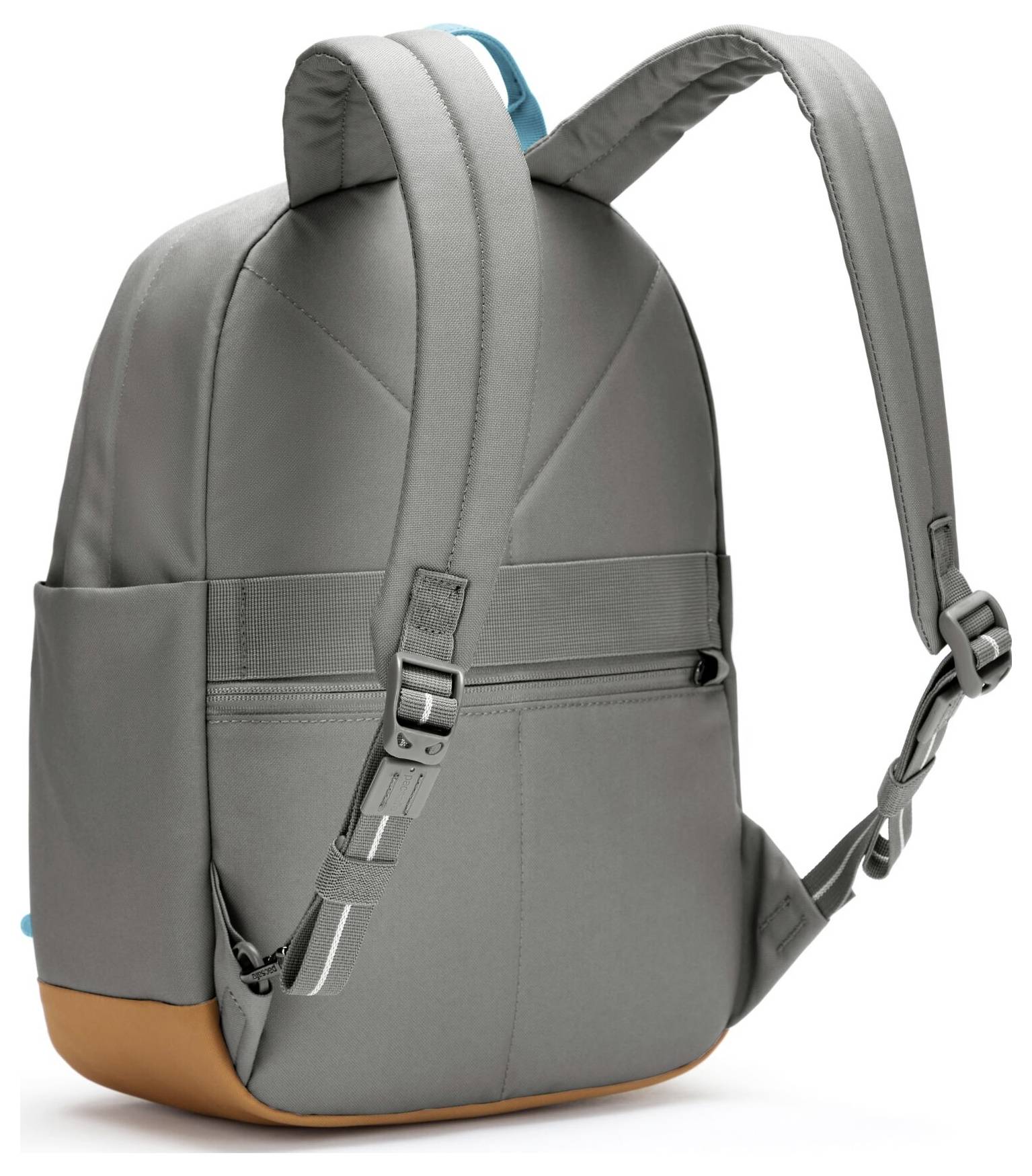 Ein grauer Rucksack mit gepolsterten Trägern und orangefarbenem Boden, ausgestattet mit einer Seitentasche und einem Reißverschlussfach auf der Rückseite.