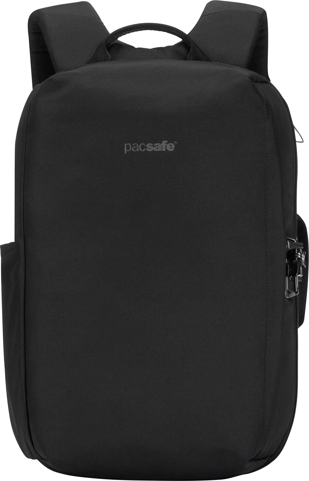 Ein schwarzer Rucksack der Marke 'pacsafe' mit Vorderaufdruck, ausgestattet mit gepolsterten Schultergurten und einer seitlichen Reißverschlusstasche.