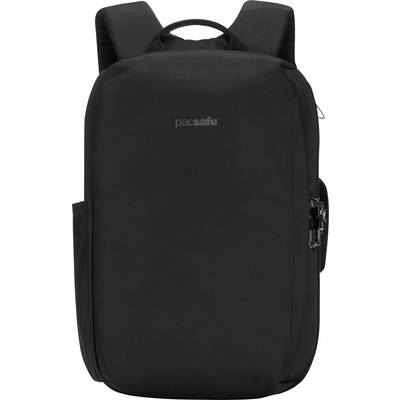Ein schwarzer Rucksack der Marke 'pacsafe' mit Vorderaufdruck, ausgestattet mit gepolsterten Schultergurten und einer seitlichen Reißverschlusstasche.