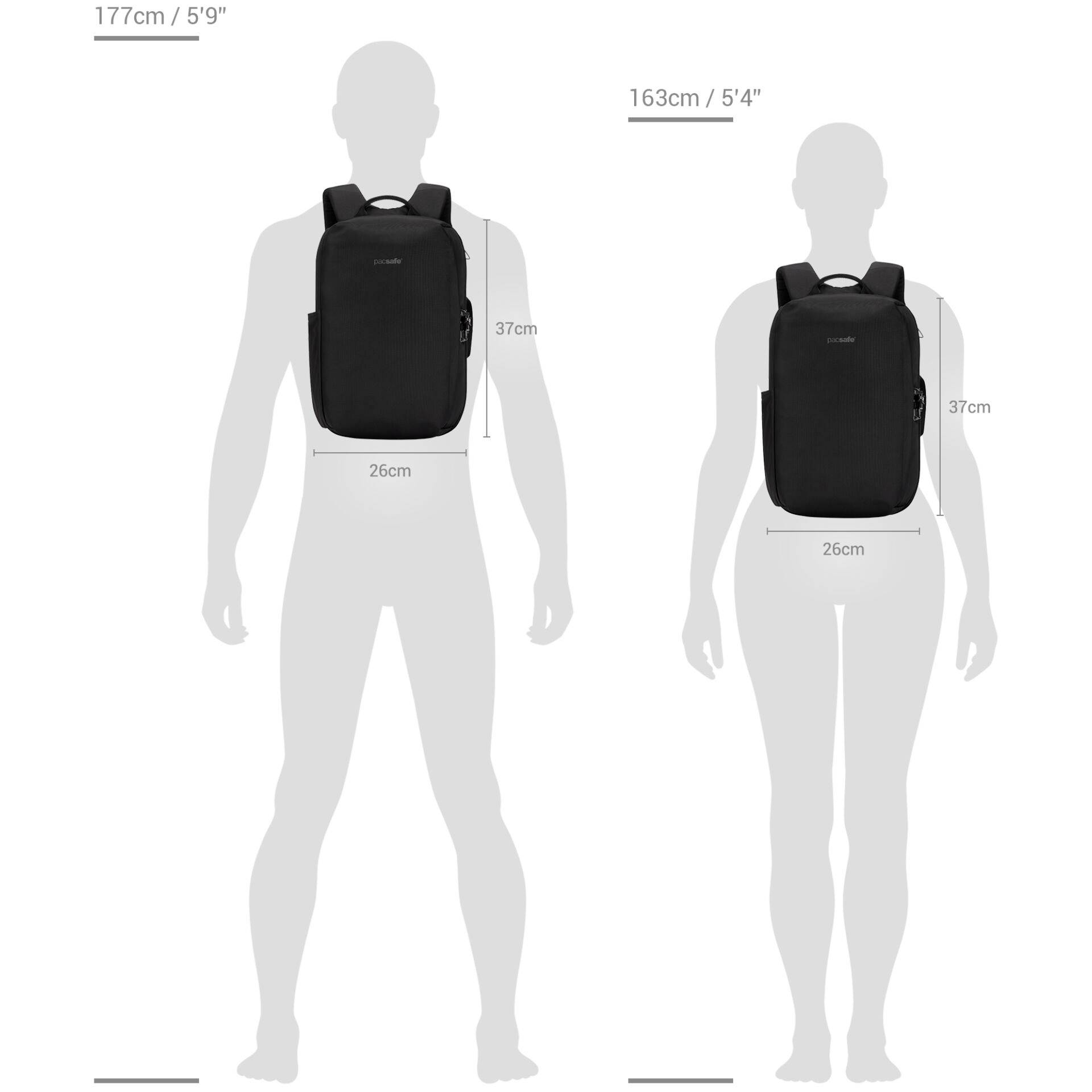 Zwei Silhouetten einer Person, eine 177 cm (5'9") und die andere 163 cm (5'4"), jeweils mit einem Rucksack von 26 cm Breite und 37 cm Höhe.
