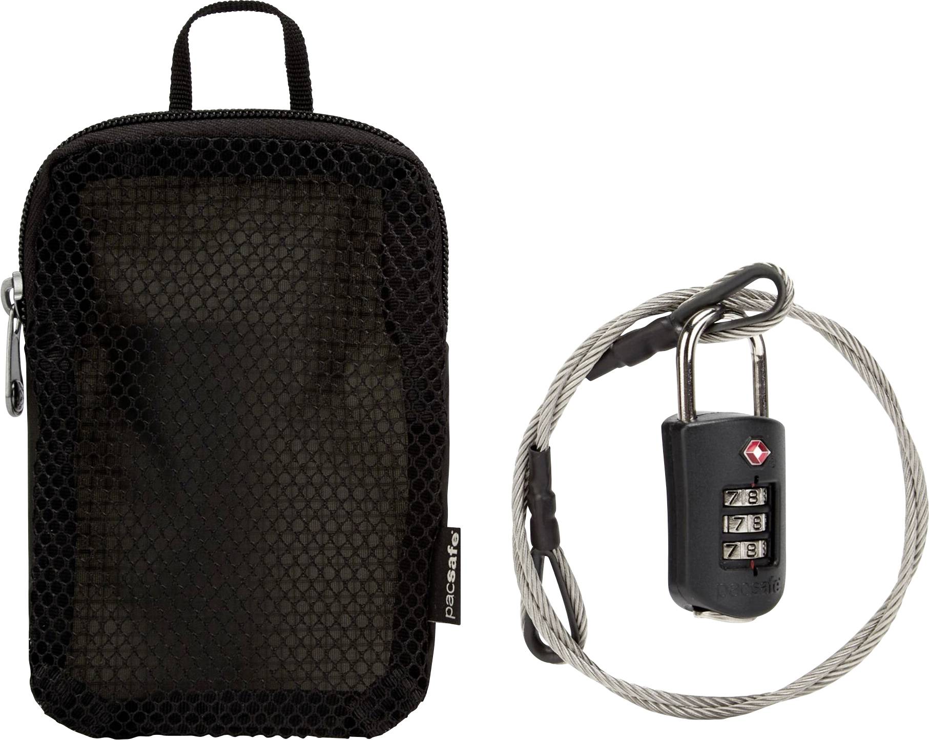Eine schwarze Mesh-Reisetasche wird neben einem kleinen Kombinationsschloss mit angeschlossenem Kabel zur Sicherung von Gepäck gezeigt.