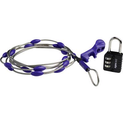 Ein gewickeltes Sicherheitskabel mit einem Zahlenschloss. Das Kabel ist aus Metall mit blauen gummierten Abschnitten. Das Schloss zeigt den Markennamen.