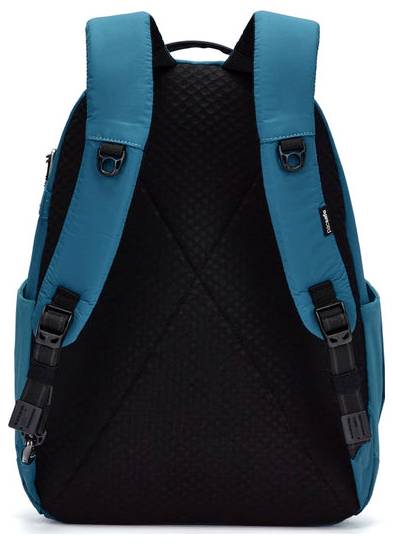 Ein blau-schwarzer Rucksack mit verstellbaren Schultergurten, Seitentaschen und einem Reißverschluss-Hauptfach, von hinten gezeigt.