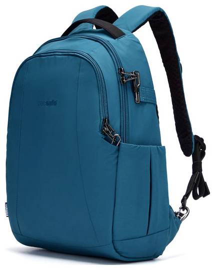 Ein türkisfarbener Rucksack mit mehreren Reißverschlussfächern und verstellbaren Schultergurten, konzipiert für den täglichen Gebrauch und Reisen.