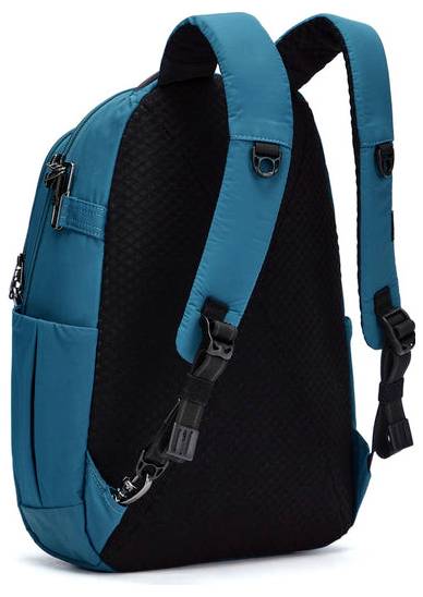Ein blau-schwarzer Rucksack mit verstellbaren Riemen und Seitentaschen, von hinten betrachtet.