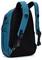 Ein blau-schwarzer Rucksack mit verstellbaren Riemen und Seitentaschen, von hinten betrachtet.