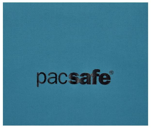 Logo der Marke 'pacsafe' auf blauem Hintergrund. Das Wort 'safe' ist fett gedruckt und betont Sicherheit und Schutz.