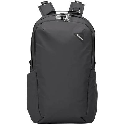 Ein schwarzer, schlanker Rucksack mit verstellbaren Trägern und Seitentaschen, geeignet für Pendler oder Reiseutensilien.
