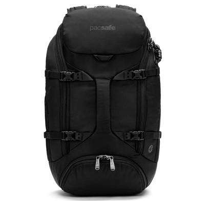 Ein schlanker, schwarzer Rucksack mit mehreren Reißverschlüssen und Schnallen, der für sicheres Reisen konzipiert ist. Der Markenname ist dezent auf der Vorderseite gedruckt.