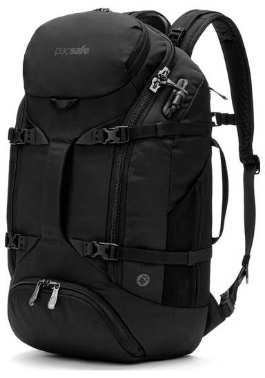 Ein schwarzer, diebstahlsicherer Rucksack mit mehreren Fächern und Reißverschlüssen. Ausgestattet mit verstellbaren Trägern und einem Logo auf der Vorderseite.