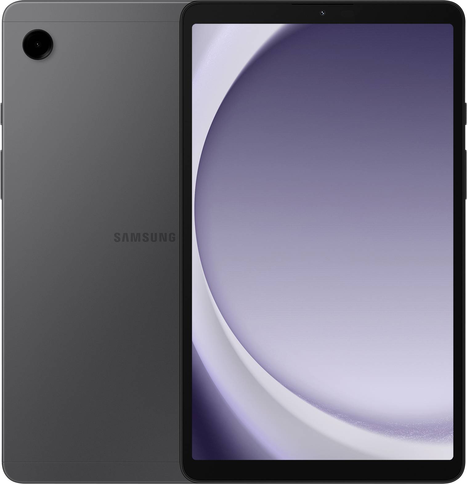 Ein schwarzes Tablet mit einem großen Display, das einen minimalistischen grau-violetten Verlaufshintergrund zeigt. Die Kamera ist in der oberen linken Ecke sichtbar.