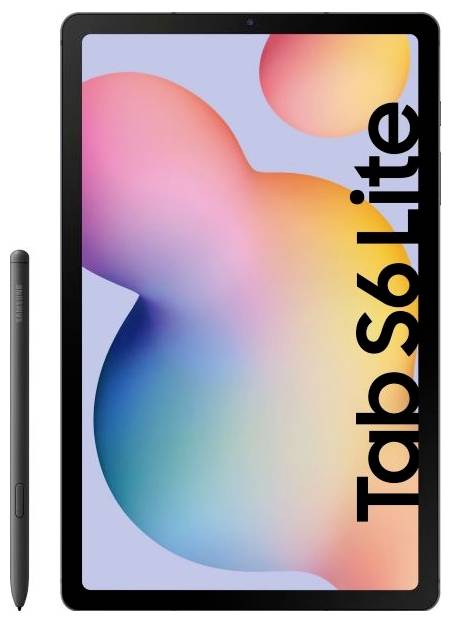 Eine Tablette mit einem Stylus daneben. Der Bildschirm zeigt farbenfrohe abstrakte Formen mit der fett gedruckten Aufschrift "Tab S6 Lite".