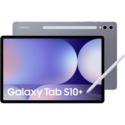 Samsung Galaxy Tab S10+ in Grau, präsentiert mit S Pen; Tablet-Bildschirm zeigt abstrakte blaue und rosa Kreise.