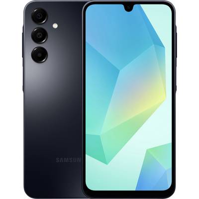 Ein schwarzes Smartphone, das eine bunte geometrische Tapete auf seinem Bildschirm zeigt, mit drei vertikal ausgerichteten Rückkameras.